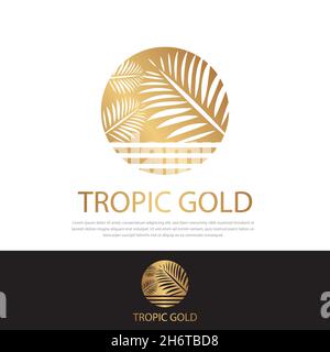 Tropical gold logo.palm fronds in sun circle.resort and spa emblem.tropical cosmetics beauty identity,business card,business Stock Vector