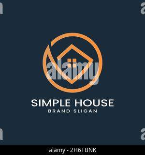 Simple house logo with circle line art style design Premium Vector Stock Vector