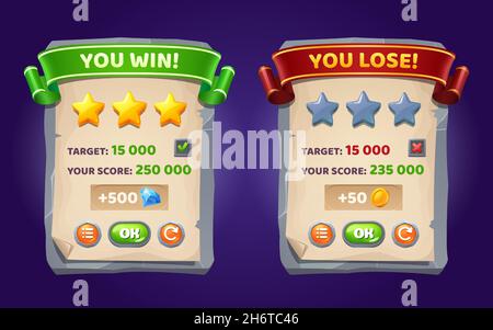 Game menu you win and lose gamer ui panel with buttons. Cartoon interface with gui elements, player rate stars, target score, ok, assets and restart boards, user profile isolated vector graphic design Stock Vector