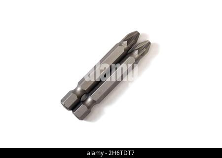 Close up of two iron screwdriver bits on white background Stock Photo