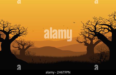 Mountains View With Aesthetic Dry Tree Silhouette In The Morning From 