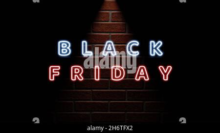 Black Friday neon sign on brick wall background. Glowing blue and red neon text for advertising and promotion. Banner and background, poster, brochure Stock Photo