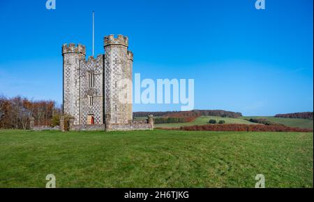 Hiorne Tower in Arundel Park, AKA Hiorne's Tower, an 18th century folly built by Sir Francis Hiorne located in Arundel Park, Arundel, West Sussex, UK. Stock Photo