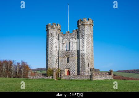 Hiorne Tower in Arundel Park, AKA Hiorne's Tower, an 18th century folly built by Sir Francis Hiorne located in Arundel Park, Arundel, West Sussex, UK. Stock Photo