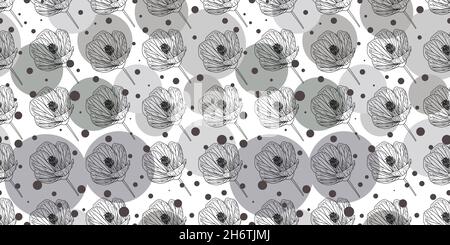 abstract floral pattern. Delicate transparent pattern for textiles and fabrics. Gray and black colors. Vector illustration of circles and flowers. Stock Vector