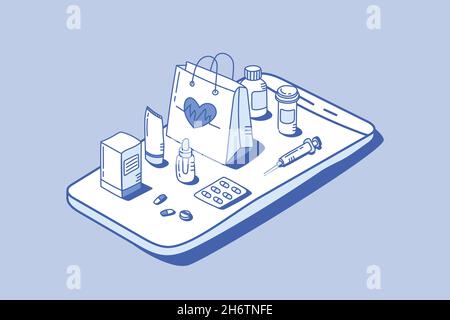 online pharmacy order ecommerce concept with outline isometric style vector illustration Stock Photo