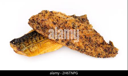 Two cooked smoked peppered mackerel fish fillets Stock Photo