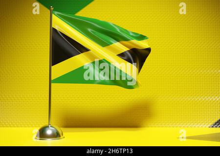 3D illustration of the national flag of Jamaica on a metal flagpole fluttering .Country symbol. Stock Photo