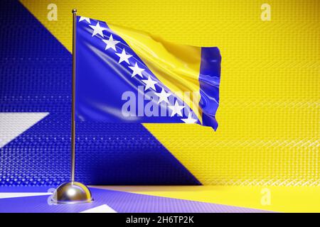 3D illustration of the national flag of Kosovo  on a metal flagpole fluttering .Country symbol. Stock Photo