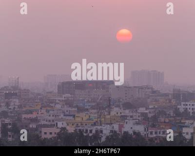 Sunset over Kolkata, India, among the most polluted large cities in the world. Stock Photo