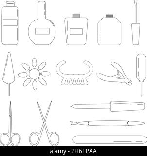 Set of linear icons for manicure on a white background. Nail care tools. Vector illustration