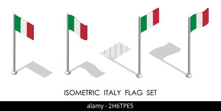 isometric flag of Italian Republic in static position and in motion on flagpole. 3d vector Stock Vector