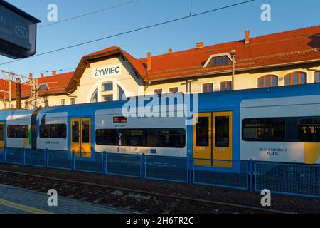 Platforms and trains at the Żywiec (SL) railway station. Stock Photo