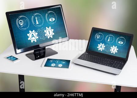 Ai concept shown on different information technology devices Stock Photo
