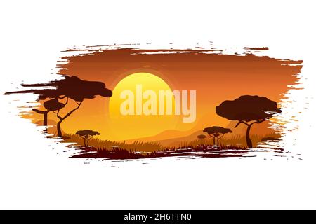 African landscape, sunset in Savannah in cartoon style. Evening with silhouette of jungle trees and mountains in horizon. Vector illustration Stock Vector