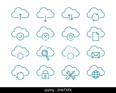 Cloud computing line icon set. Collection of 16 different cloud technology symbols. SaaS, IaaS concept. Synchronization, data back up. Vector, flat. Stock Vector