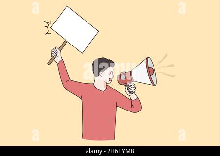 Public announcement and promotion concept. Young active man standing and shouting in speaker with white blank sign in hand vector illustration  Stock Vector