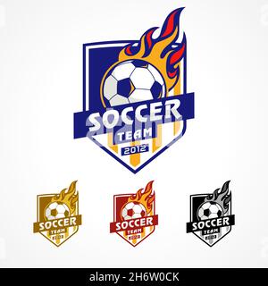 Football team academy logo, ball in fire. Vector design soccer team emblem or American sport badge. Tournament shield label blue, black, gold colors Stock Vector