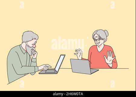 Modern happy lifestyle of pensioners concept. Smiling cheerful elderly mature couple man and woman sitting near laptops and using internet vector illustration  Stock Vector