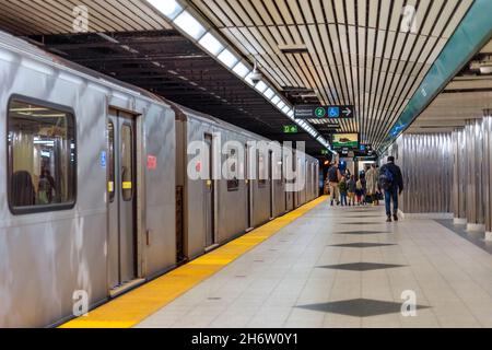 A Bombardier train in the Bloor-Yonge subway station which is part of the Toronto Transit Commission or TTC.Nov. 18, 2021 Stock Photo