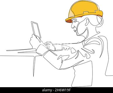 Continuous one line drawing ofengineer wearing uniform and safety helmet Stock Vector