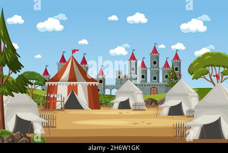 Military medieval camp with tents and castle illustration Stock Vector ...
