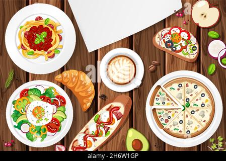 Different plates of food on the table  illustration Stock Vector