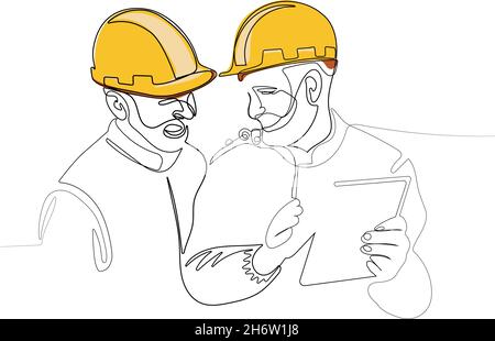 Continuous one line drawing ofengineer wearing uniform and safety helmet Stock Vector