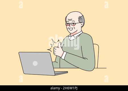 Working in internet and technologies concept. Smiling mature elderly man in glasses sitting at laptop showing thumb up sign with finger vector illustration  Stock Vector