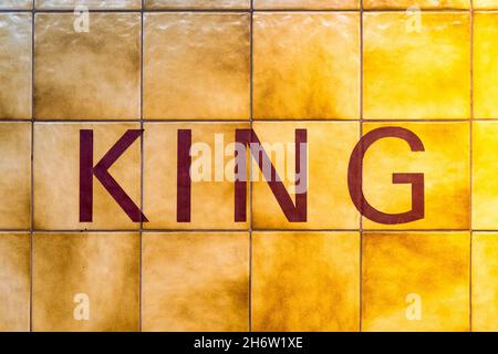 Sign for King Subway Station in a tiles wall inside of the downtown building.Nov. 18, 2021 Stock Photo