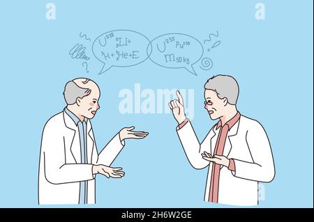 Scientist and scientific communication concept. Two men doctors scientists standing and chatting about chemicals with formulas flying above vector illustration  Stock Vector