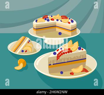 Fruit cake on a plate, berry currant blueberry outline, appetizing pie with fruit berry layer vector illustration Stock Vector