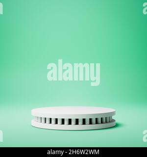 White Rounded Product Display Pedestal on Green Background Stock Photo