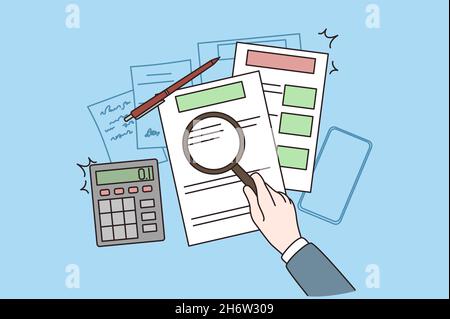 Financial analysis and figures concept. Top view of human hands worker counting bills figures with magnifier and calculator over table vector illustration  Stock Vector