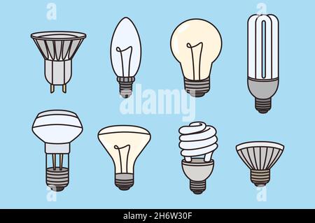 Illumination and electricity light concept. Set of various lamps enlightenment for home of different shapes and colors over blue background vector illustration  Stock Vector