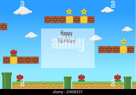 Vector flat birthday invitation with super mario. Cartoon-style background template. Illustration with elements for the game Stock Vector