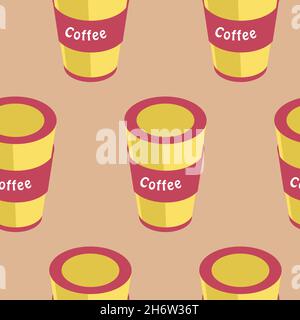 Yellow cup with coffee seamless pattern, coffee drink glass with red stripe, isometric vector illustration Stock Vector