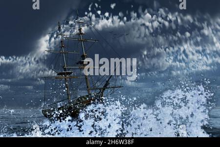 A Spanish Brig Sailing Through A Storm Stock Photo