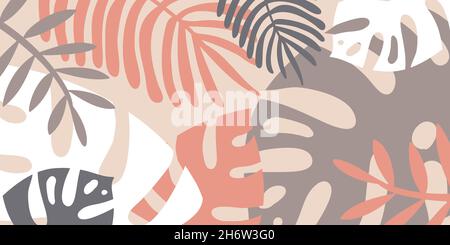 Tropical background, monstera palm leaf pink ash gray, copy space vector. Composition of tropical leaves Stock Vector