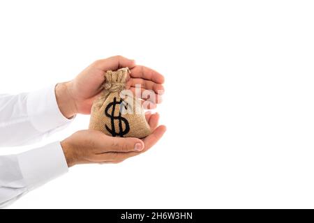 cropped view of man holding money bag with dollar sign in hands isolated on white Stock Photo