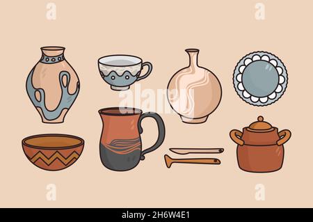 Clay kitchenware and tableware concept. Set of artisan handmade clay jugs cups pots and plates over light background vector illustration  Stock Vector
