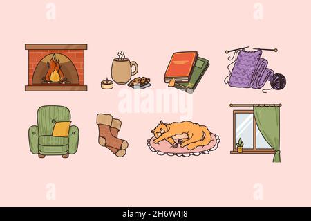Cozy home atmosphere and mood concept. Set of interior armchair fire book tasty tea with cookies knitting red cat and clean window over pink background  Stock Vector