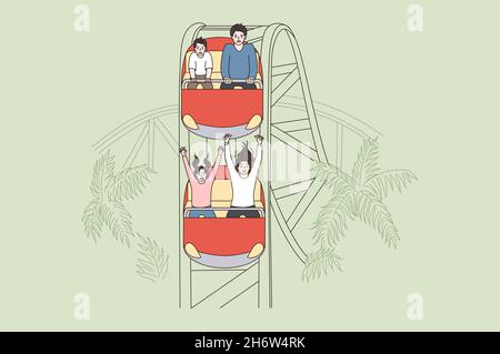 Amusement park and attraction concept. Afraid scared and happy excited people sitting and having fun or panic during attraction ride vector illustration  Stock Vector