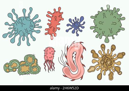 Microorganism and bacteria life concept. Set of colorful various shaped bacterias and microorganisms isolated over white background vector illustration  Stock Vector