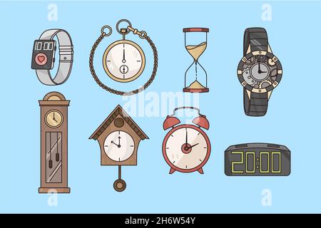 Time measure clock and watch concept. Set of various clock watch and sand watch for decoration and everyday use over blue background vector illustration  Stock Vector
