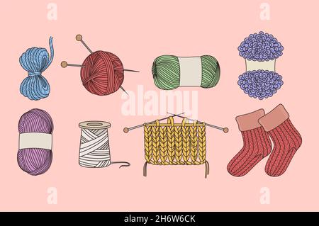 Objects and tools for knitting concept. Set of colorful wool threads needles for knitting hobby and red knit socks over pink background vector illustration  Stock Vector