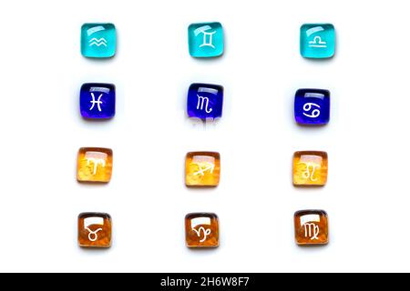twelve signs of zodiac Three signs correspond to each element: Fire - Aries, Leo, Sagittarius, Earth -Taurus, Virgo, Capricorn, Air -Gemini, Libra, Aq Stock Photo