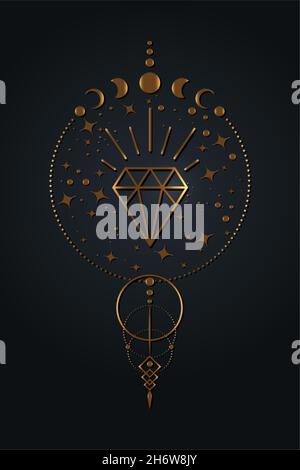 Mystical Dream catcher with crystal diamond and magic space stars, Moon phases symbol wicca alchemy icon, Gold Sacred Geometry, logo design Stock Vector