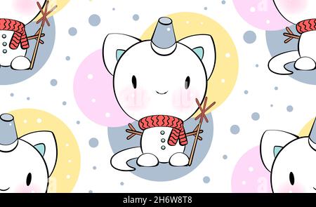 Seamless ornament with cute cat snowman in kawaii style. Vector pattern. Merry Christmas cats. Stock Vector