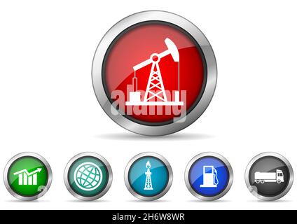 Set of oil and gas industry icons, silver metallic circle glossy web buttons collection Stock Photo